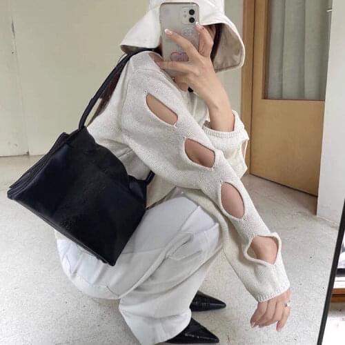 Korean Style Hollow Out Pullovers Loose Hole Dasign Ladies Jumpers Oversize Chic Women Knit Sweaters Japanese Streetwear