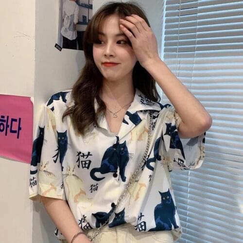 Shirts Women Short Sleeve Turn-down Collar Cat Printed Vintage Blouses Casual Trendy Womens Korean Style Elegant All-match Shirt