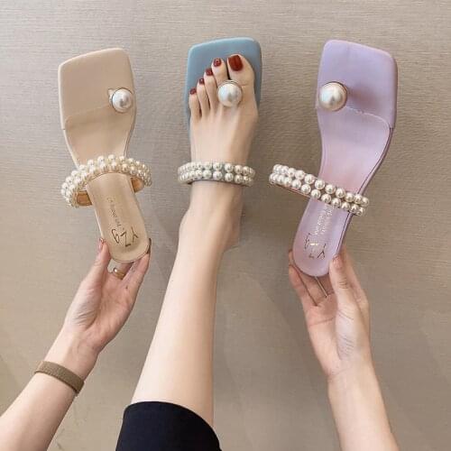 One word belt sandals summer new style square toe high-heeled slippers sweet pearl all-match stiletto shoes