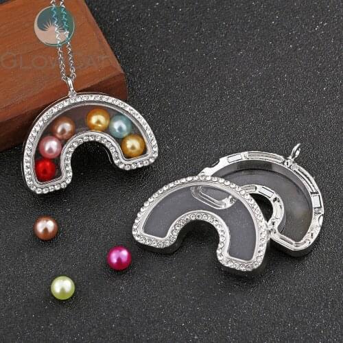 Silver color Rainbow Rhinestone Glass Memory Floating Lockets Magnetic Pendant Necklace 50cm Steel Chain Jewelry