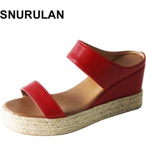 SNURULAN Women Shoes Sandals Stitching Soft Beach Vacation Outdoor Wedge Sandals Summer Casual Leather Sandalias Roman Slippers
