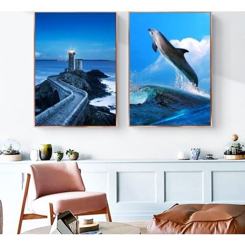 Nordic Modern Dolphin Surfing Sea Landscape Painting Minimalist Canvas Art Blue Seascape Poster Home Decoration Wall Pictures
