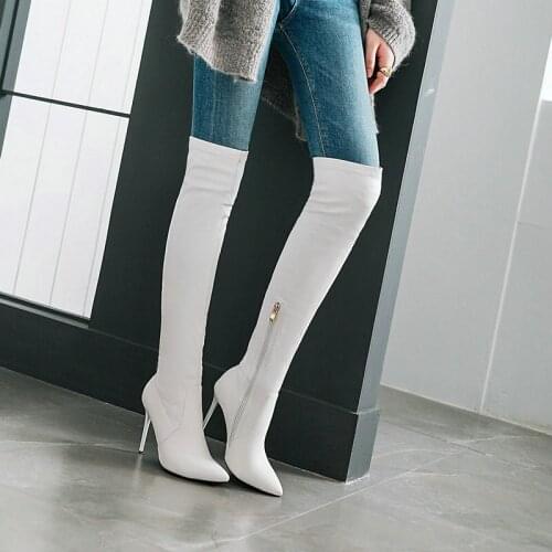 Super Stretch Ladies Knee Boots Sexy Stiletto Pure Color Zipper Knight Boots Ladies Plus Size Pointed Toe Autumn Winter Shoes