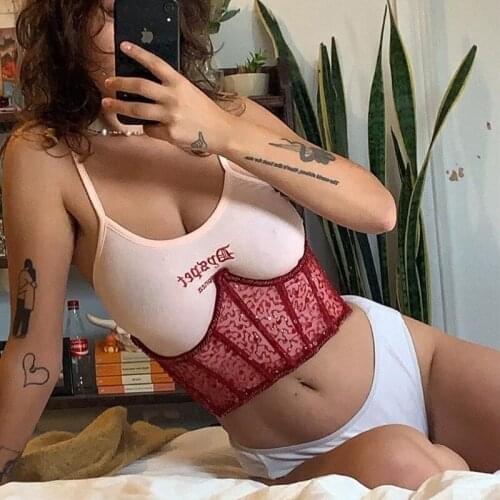 Fashion Red Mesh Sequins Crop Tops Women Sexy Lace Up Corselet Bustier Summer Nightclub Party Tank Tops For Ladies