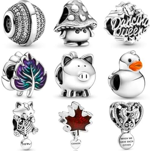 Pave & Logo Mushroom House Dancing Queen Piggy Bank Duck Cat Bead 925 Sterling Silver Charm Fit Europe Bracelet Diy Jewelry