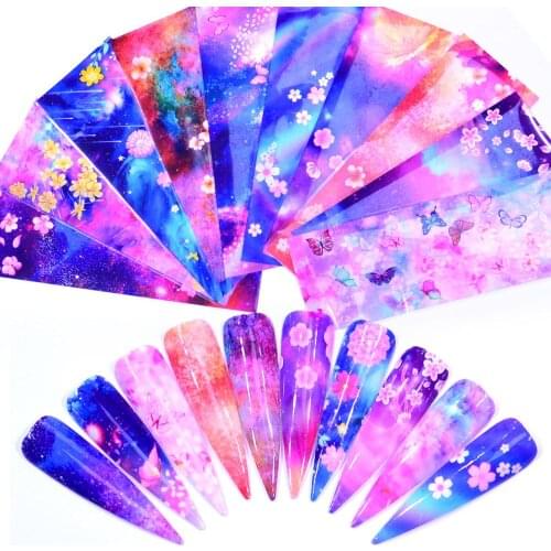 WUF 10 PCS Nail Foils Mix Flower Nail Art Sticker Holographic Starry Paper Foil Nail Gel Transfer Full Wrap Rose Decorations