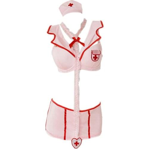 Women Erotic Nurse Uniform Lingerie Lapel Padded Underwire Bra Red Cross Mini Skirt Choker Necklace Cosplay Nightwear