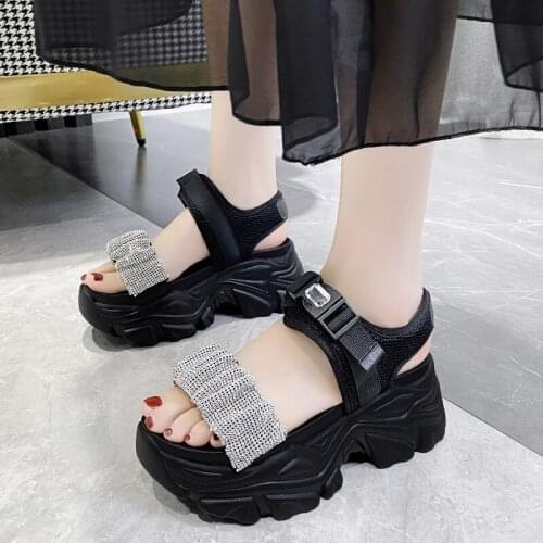 Rimocy Chunky Platform Womens Sandals New Vogue Rhinestone Wedges High Heels Sandalias Mujer Summer Thick Bottom Beach Shoes
