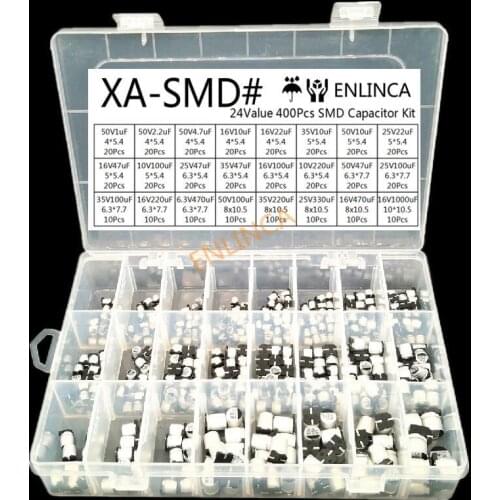 1uF~1000uF 6.3V-50V 400Pcs 24Value SMD Aluminum Electrolytic Capacitors Assortment Kit + Box