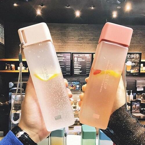 1Pc 500ml Transparent Square Plastic Matte Water Cup Outdoor Sports Water Portable with Water Juice Cup Milk Cold Rope Cup Y1M8