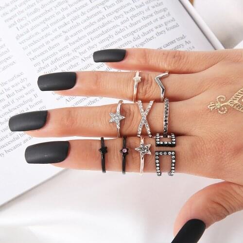 9Pcs/Set Boho Knuckle Rings Heart shaped Geometric Rings Set Women Star Multicolor Crystal Joint Ring Female Jewelry