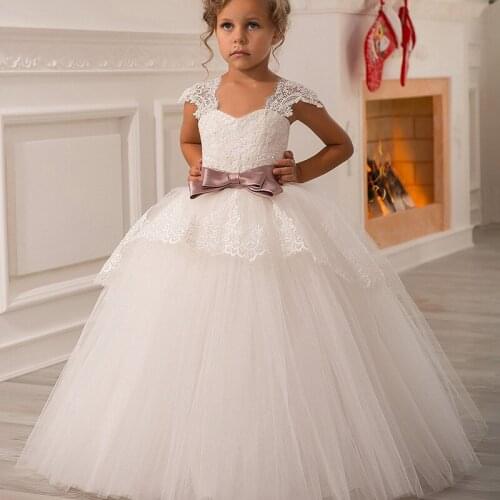 White Lace Princess Girl Dress Girls Wedding Dress Delicate Party Bowknot Clothing First Communion Kids costumes