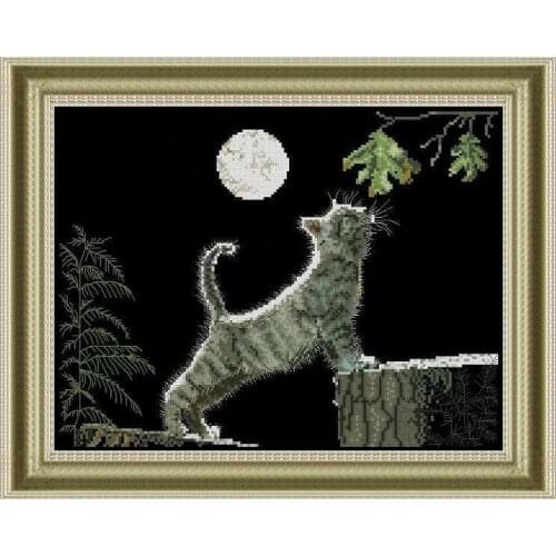 Free delivery top quality lovely counted cross stitch kit cat kitty with leaf leaves moon at night