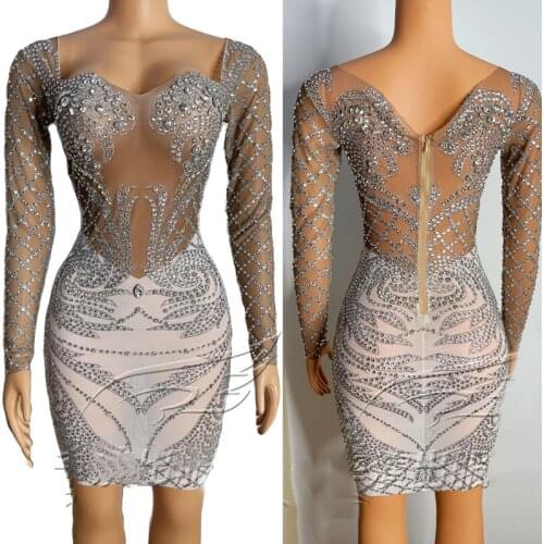 Sparkly Rhinestone Elastic Mesh Dress Skin Color Short Dress Female Dj Singer Ds Stage Costume Adult Party Evening Dress XS2277