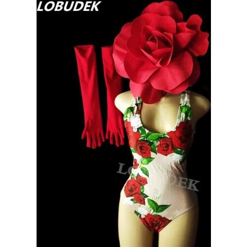 Rose Flower Big Headdress Nightclub Bar Party Print Bodysuit Gloves Set Performance Clothes Women DJ Singer Dance Team Costume