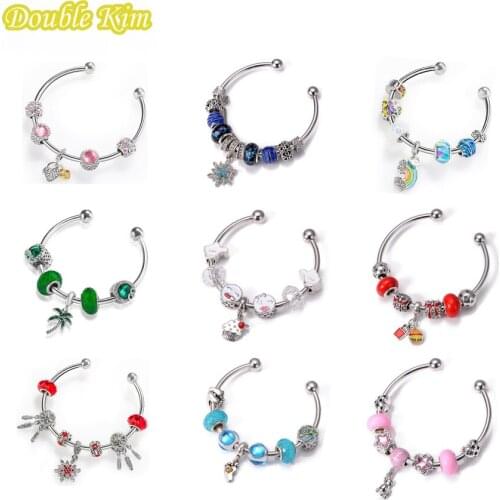 Charm Openable Resizable Wristband Bracelet with Snowflake Rainbow Coconut Tree Pendant for Women Fashion European Style Jewelry