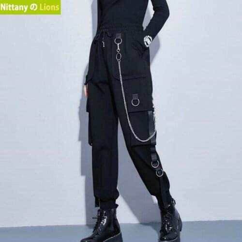 Streetwear Cargo Pants Women Casual Joggers Black High Waist Loose Female Trousers Korean Style Ribbon Ladies Pants Dropshipping
