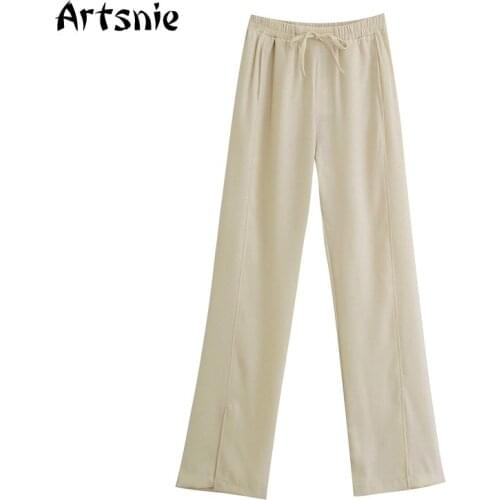 Artsnie Summer 2021 Beige Wide Leg Pants Women High Waist Knitted Trousers Streetwear Casual Split Long Pants Sweatpants Femme