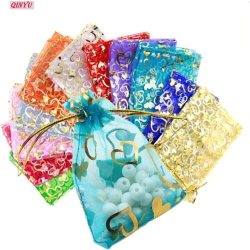C. 50Pc 7X9cm 9X12cm 11X16cm 13X18cm Gold Love heart rose Organza bag Wedding voile gift Christmas Bags Jewelry packing