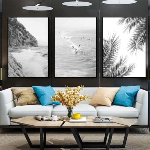 Black And White Seascape Modern Beach Scenery Art Tourists Surf Rock Canvas Painting Wall Pictures Poster Living Room Decoration