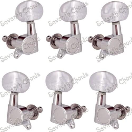 6 Pcs Chrome Guitar Tuning Peg Tuner Machine Head for Acoustic Electric Guitar With White Pearl Big Oval Button (3R3L 2L4R 4R2L)