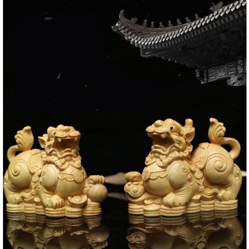 Chinese Stone door lions wood Kirin pixiu statue Wood lucky Q figurine animal office accessories decoration desk