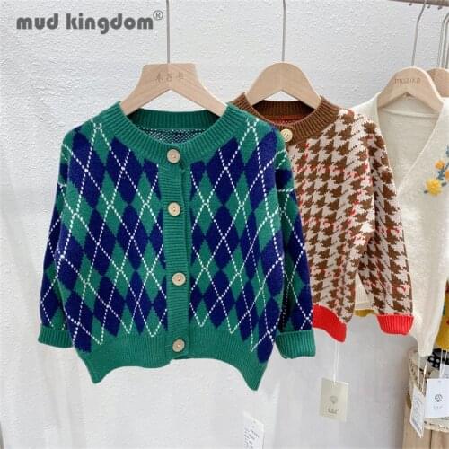 Mudkingdom Boys Girls Cardigan Sweater Fashion Diamond Lattice Long Sleeve Loose Fit Vintage Tops for Toddler Casual Kids Clothe