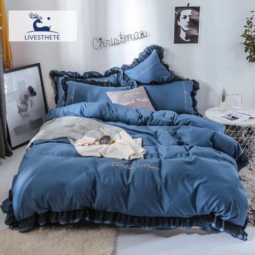 Liv-Esthete Luxury Beauty Blue 100% Cotton Bedding Set Lace Printed High Quality Duvet Cover Flat Sheet Queen King Girl Gift