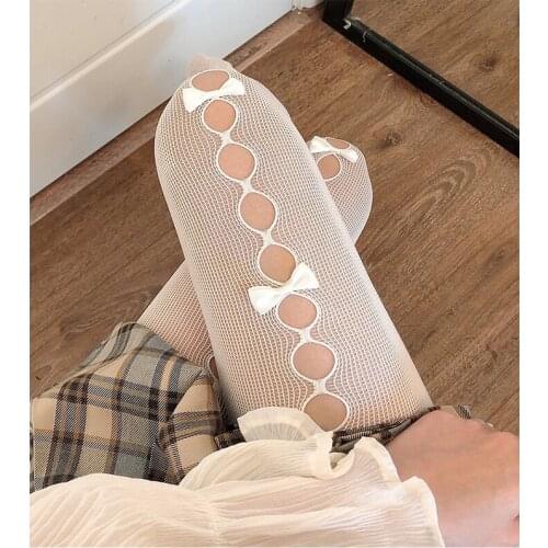 Lolita Tights Women Stockings Bow Fishnet Pantyhose Women Collant Femme Sexy Medias De Mujer Lenceria Rajstopy Damskie SW304