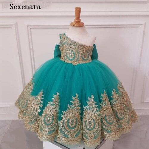 Cute Blue One Shoulder Flower Girl Dresses For Weddings Gold Lace Kids Evening Gown Girls First Birthday Dress with Bow