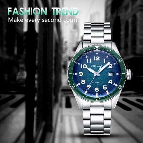 PHYLIDA 2021 New Luxury Business Sport Mechanical Green Relogio Quartz Wrist Watch Automatic Water-proof Stainless Steel Water-p