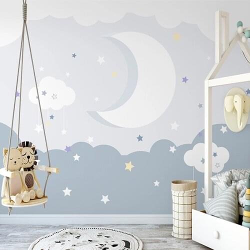 Photo Wallpaper Nordic Simple Hand Painted 3D Moon Starry Sky Mural Childrens Bedroom Background Wall Decor Papel De Parede 3 D