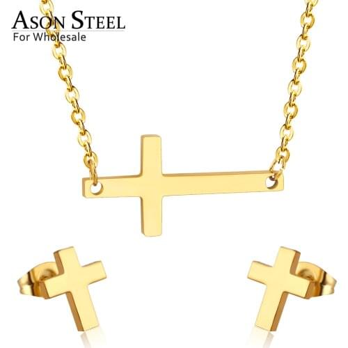 ASONSTEEL Gold/Silver Color Cross Pendant Necklace Stainless Steel Jewelry Sets Wholesale Earring Fashion Jewelry Party Wedding