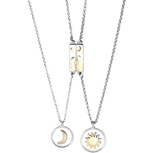 2Pcs Magnetic Couple Necklace Sun Moon Star Pendant Long Distance Relationship Charm Necklace Valentines Day Gift