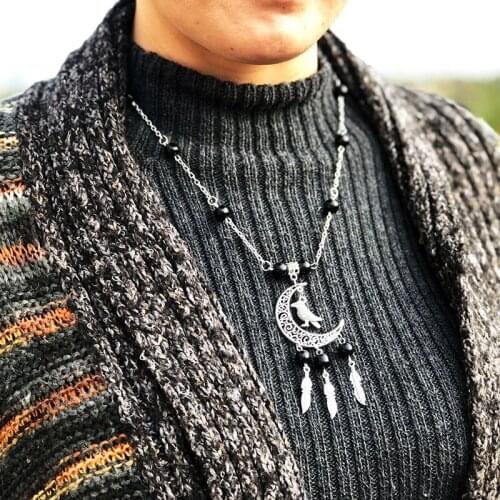 Goth Necklace Magic Hollow Out Moon Feather Tassels Crow Punk Witch Necklace For Women Dark Style Gothic Jewelry Party Gifts New