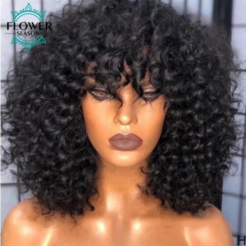 Curly Human Hair Wigs with Bangs Full Machine Made Scalp Top Wig Remy Brazilian Hair 180% Curly Wig for Black Women FlowerSeason