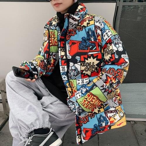 2020 Hip Hop Winter Men Parka Casual Oversize Men Warm Korean Streetwear Cartoon Print Coat Men Thicken Zipper Mens Jackets