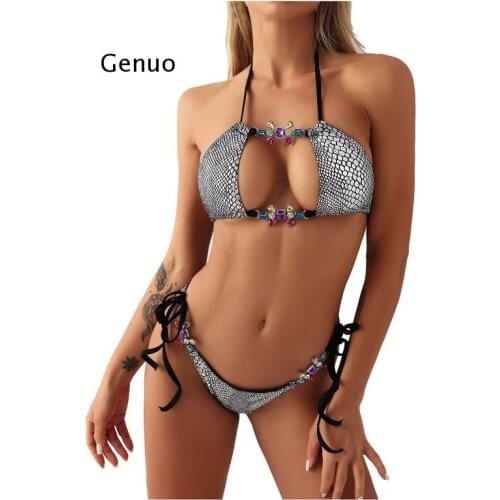 Sexy Snake Print Halter Bikini 2021 Woman Push Up Swimsuit Women Metal Chain Swimwear Two-pieces Suit Swimming Suit for women
