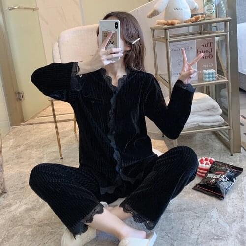 Pajama Set high quality Autumn Winter Warm Women pajamas Deep Gold Velvet Homewear Pijama mujer Elegant sleepwear Loose gowns