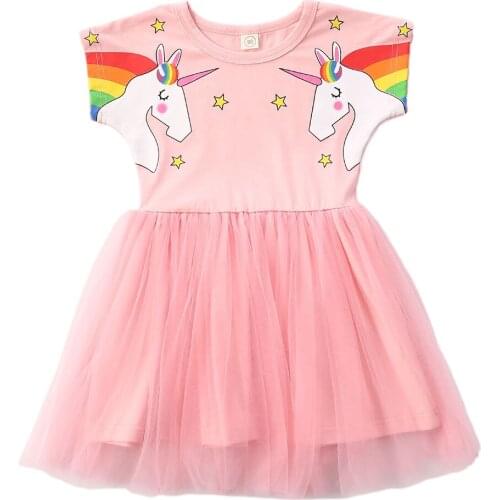 Infant Baby Girls Princess Dress Cartoon Print Short Sleeve Lace Pink Knee Length Tutu Dress