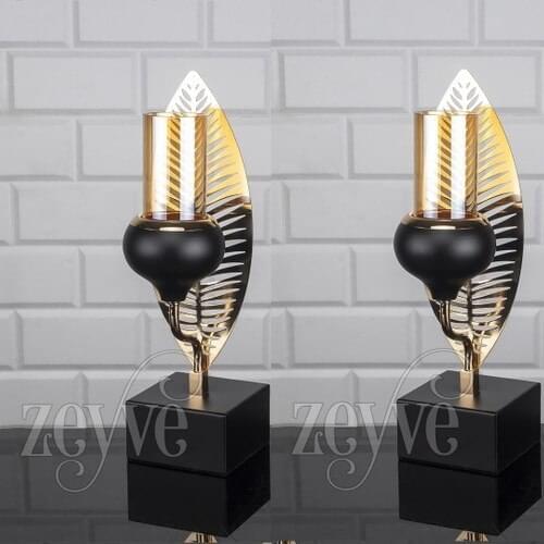 Roman Palm Candle Holder Black Gold 2li Glazed