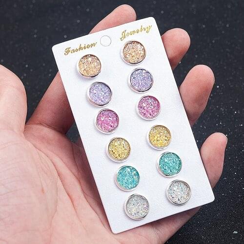 6Pairs Stainless Steel Resin Starry Sky Stud Earrings 2020 Trendy Imitation Gem Jewelry Earrings For Women Wholesale Brincos