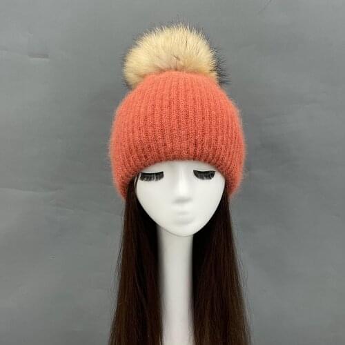Beanie Hat Women Angora Knitted Hats With Sequins Warm Thick Raccoon Fur Pom Pom Hat Winter 2021 New Style