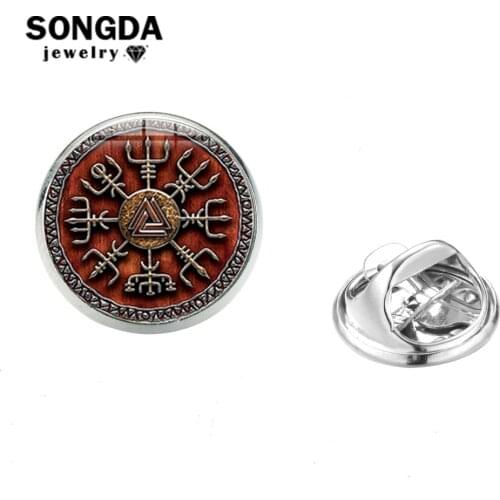 SONGDA Vegvisir Viking Compass Collar Pins Badges Retro Runic Printed Glass Dome Brooches Odin 's Symbol of Norse Viking Warrior
