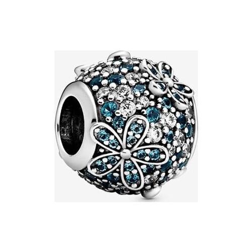 2020 Spring 925 Sterling Silver Beads Teal Pave Setting Daisy Flower Charms fit Original Pan Bracelets Women DIY Jewelry