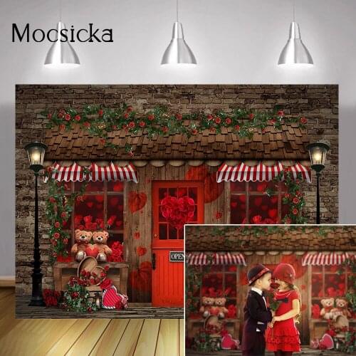 Valentines Day Backdrop Red Rose Counter Romantic Wedding Portrait Background Photography Brick Wall Flowers Bear Photocall