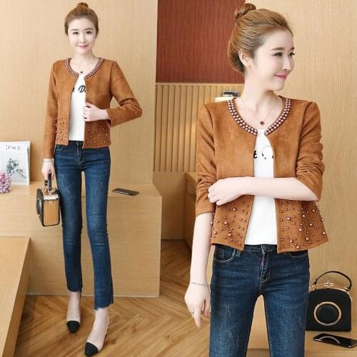 Women Pearls High Waist Jackets Female Autumn Korean Solid O-Neck Zipper Cropped Jackets Women Causul Elegant Long Sleeve Coats