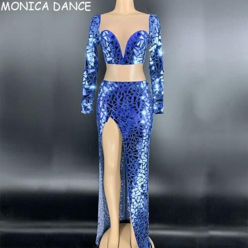 Women Sexy Stage Silver Mirror Transparent Chest T-shirt Long Skirt Set Bar Prom Birthday Celebrate Women Dance Outfit Set