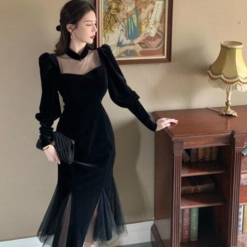 Women 2021 Autumn Winter Elegant Velvet Dress Female Vintage Slim Trumpet Party Robe Femme Mesh Designer Casual Vestidos F32