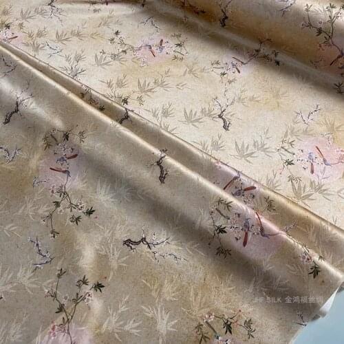 1 Meter Antique Heavy Satin Jacquard Silk Fabric Cheongsam Dress Stretch Pink Peach Branch Magpie